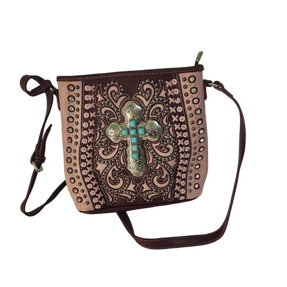 Montana West Torquoise Silver Cross Western Studded Rhinestone Crossbody Bag - Picture 1 of 7